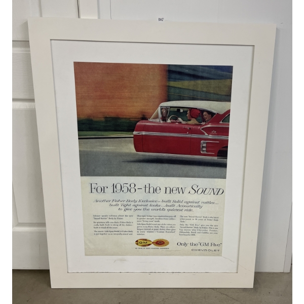 1958 CHEVY "THE NEW SOUND" FRAMED ADVERTISEMENT