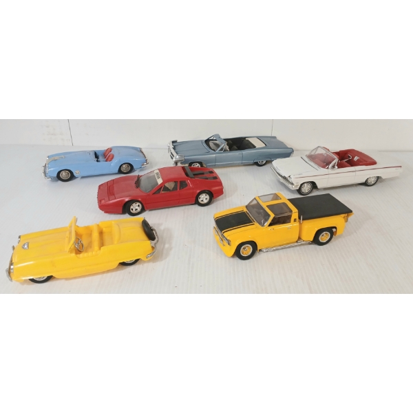 LOT OF 6 - PLASTIC MODEL CARS - FERRARI, IMPALA, PICK-UP, ETC