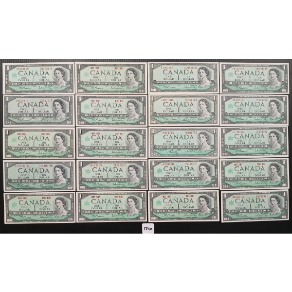 LOT OF 20 - 1954 & 1967 CDN $1 BANKNOTES