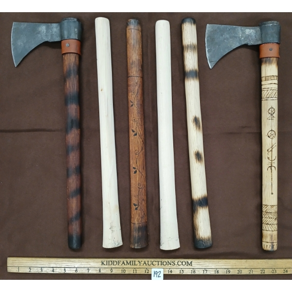 LOT OF 6 - HAND CARVED HATCHETS & HANDLES W/ FOLK ART DETAIL
