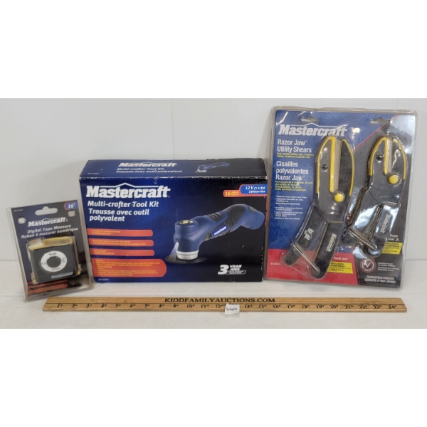 LOT OF 3 - MASTERCRAFT MULTI-CRAFTER TOOL KIT, DIGITAL TAPE MEASURE, & RAZOR JAW UTILITY SHEARS