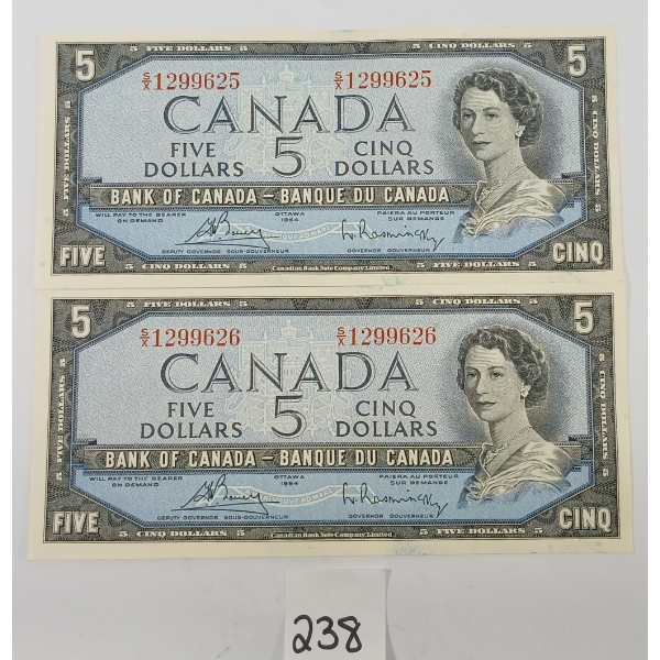 LOT OF 2 - 1954 CDN $5 BANKNOTES - SEQUENTIAL