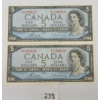 LOT OF 2 - 1954 CDN $5 BANKNOTES - SEQUENTIAL