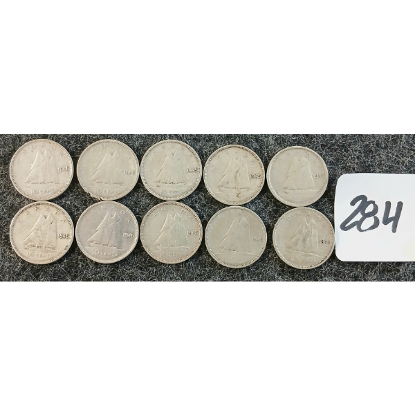 LOT OF 10 - 1945 CDN 10 CENT COINS