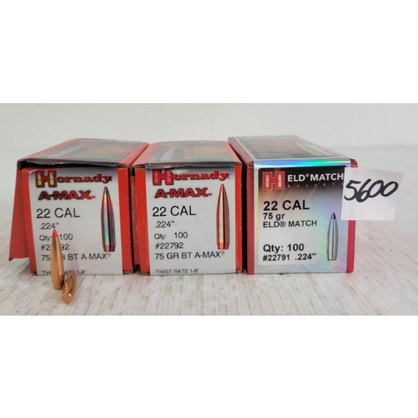 BULLETS: APPROX 200X HORNADY .22CAL - 75GR