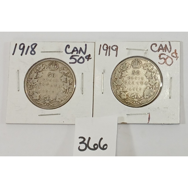 LOT OF 2 - 1918 & 1919 CDN 50 CENT SILVER PCS