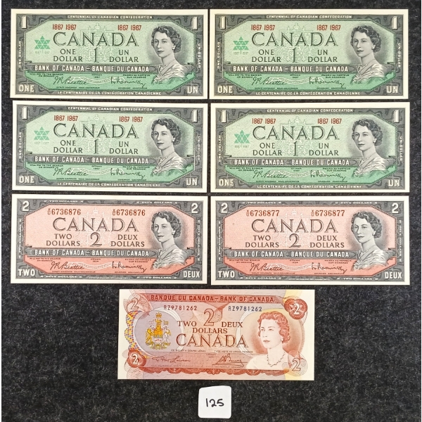 LOT OF 6 - 1967 & 1974 $1 & 2 BANKNOTES - CONSECUTIVE & UNCIRCULATED