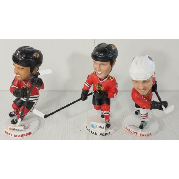 LOT OF 3 - KICK 10 CHICAGO BLACK HAWKS BOBBLE-HEAD FIGURES - SEABROOK, HOSSA & SHARP