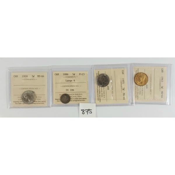 LOT OF 4 - CDN 5 CENT PCS - INCL 1886 & 1943 - ICCS GRADED