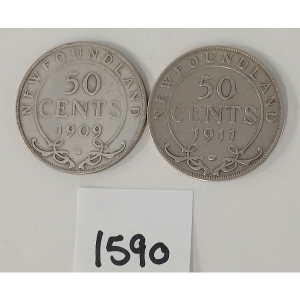 LOT OF 2 - 1907 & 1911 NEWFOUNDLAND 50 CENT SILVER COINS