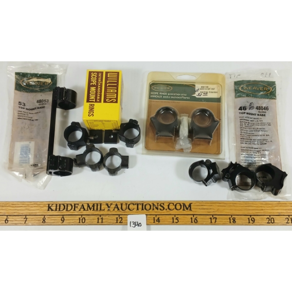 LOT OF 5 - WEAVER TOP MOUNT BASES, WILLIAMS & WEAVE 1IN SCOPE RINGS