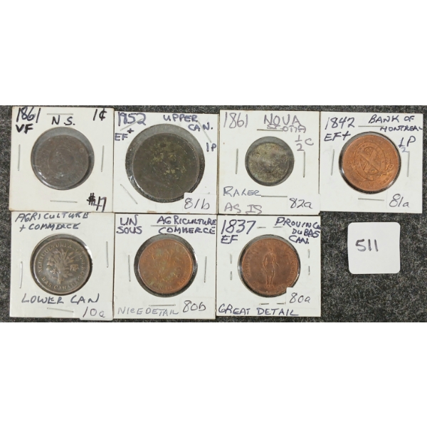 LOT OF 7 - 1837-1861 CDN COINS & TOKENS - INCL NOVA SCOTIA HALF CROWN