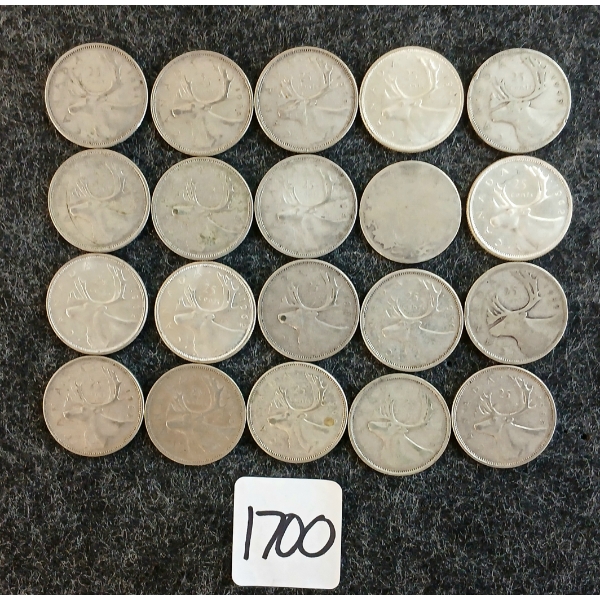 LOT OF 20 - 1942-1965 CDN 25 CENT COINS