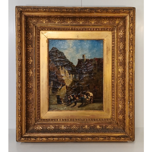 VILLAGE SCENE - SIGNED - GILDED FRAMED OIL ON BOARD