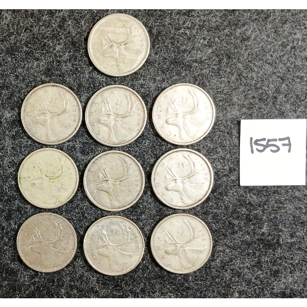 LOT OF 10 - 1955-1966 CDN 25 CENT SILVER COINS