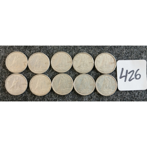 LOT OF 10 - 1958 CDN 10 CENT COINS