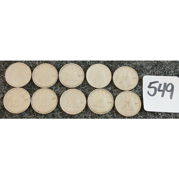 LOT OF 10 - 1949 CDN 10 CENT COINS