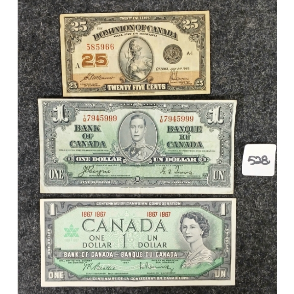LOT OF 3 - 1923 CDN 25 CENT, 1937 & 1967 $1 BANKNOTES