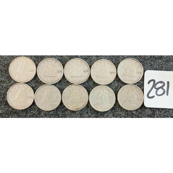 LOT OF 10 - 1945 CDN 10 CENT COINS