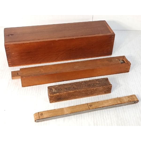 LOT OF 4 - FOLDING RULER & SMALL SUPPLY BOXES - INCL LEE'S THERMOMETER & NO. 2-A
