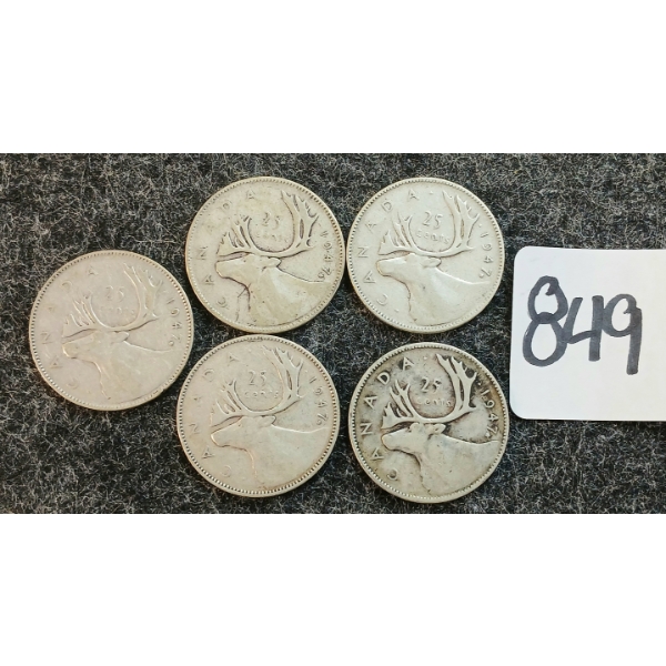 LOT OF 5 - 1947 CDN 25 CENT COINS