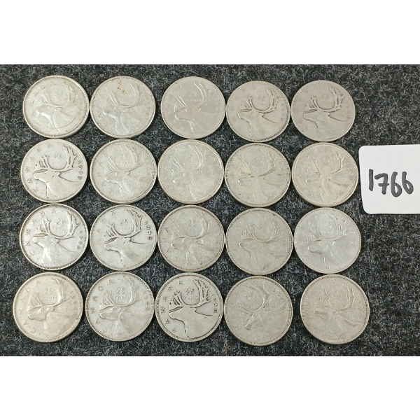 LOT OF 20 - 1949-1964 CDN SILVER 25 CENT COINS