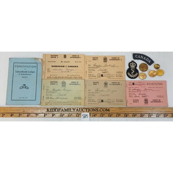 JOB LOT - CDN MILITARY INSIGNIA, RATION BOOKLETS & "CONSTITUTION FOR SUBORDINATE LODGES"