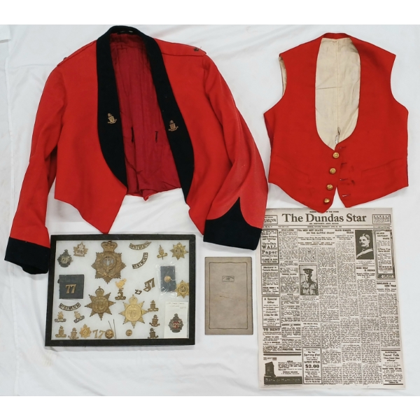 JOB LOT - 77TH WENTWORTH REGIMENT DRESS MESS JACKET, NEWS ARTICLES, PHOTOS & INSIGNIA