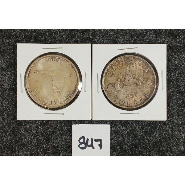 LOT OF 2 - 1935-1967 CDN SILVER DOLLAR COINS - CANADIAN GOOSE & VOYAGEUR