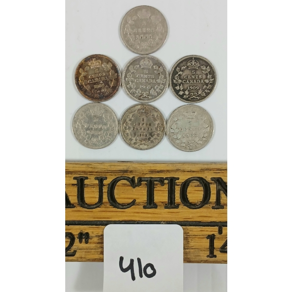 LOT OF 7 - 1883-1910 CDN 5 CENT COINS