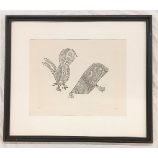 "UNTITLED: BIRD & SEAL" BY LUCY QINNUAYUAK (1915 - 1982) - FRAMED ENGRAVING