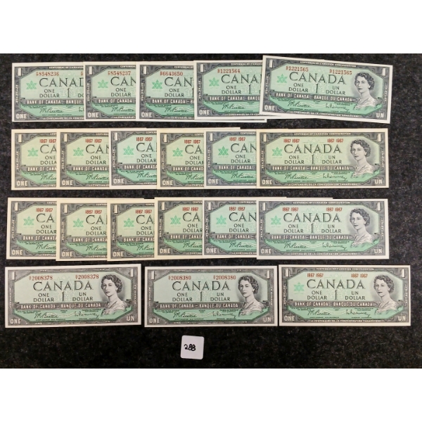 LOT OF 21 - 1954 & 1967 CDN $1 BANKNOTES
