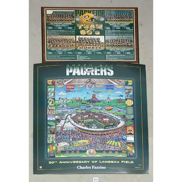 LOT OF 2 - GREEN BAY PACKERS TEAMS OF THE 1960'S PLAQUE & 50TH ANNIVERSARY FOAM CORE SIGN