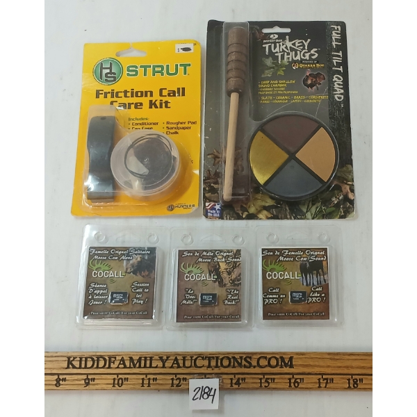 LOT OF 5 - MOOSE COCALL CHIPS, FRICTION CALL CARE KIT & MOSSY OAK TURKEY THUGS