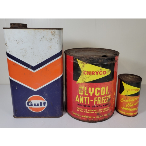 LOT OF 3 - CHRYCO GLYCOL ANTI-FREEZE, CONDITIONER & GULF 1GAL MOTOR OIL CAN