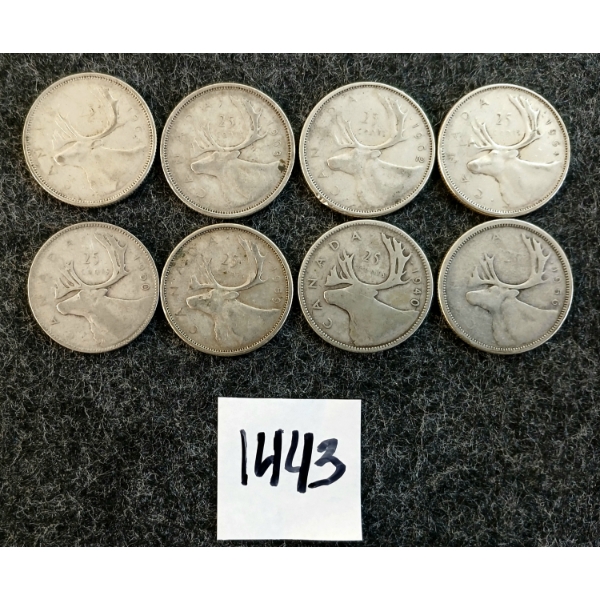 LOT OF 8 - 1940-1963 CDN 25 CENT COINS 