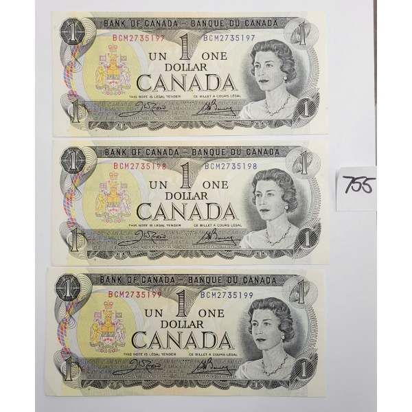LOT OF 3 - 1973 CDN $1 BANKNOTES - SEQUENTIAL