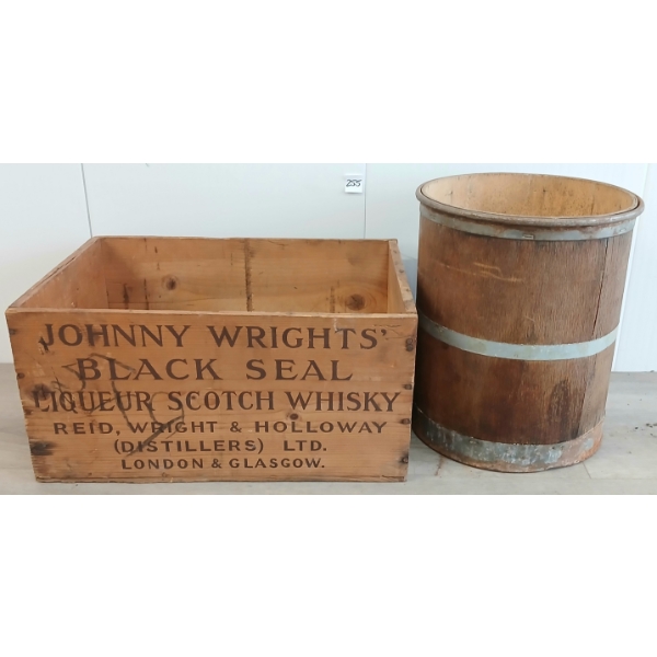 LOT OF 2 - JOHNNY WRIGHTS' BLACK SEAL WHISKY CRATE & BANDED BARREL
