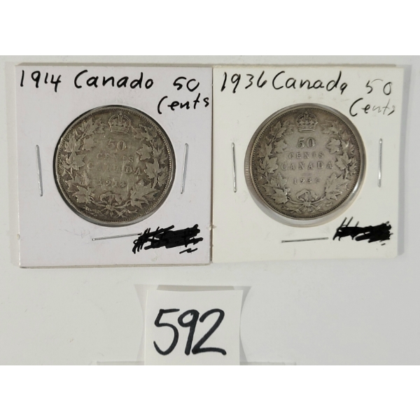LOT OF 2 - 1914 & 1936 CDN 50 CENT SILVER COINS