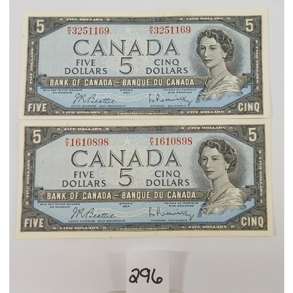 LOT OF 2 - 1954 CDN $5 BANKNOTES