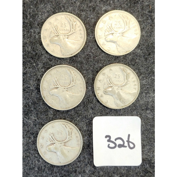 LOT OF 5 - 1947 CDN 25 CENT COINS 