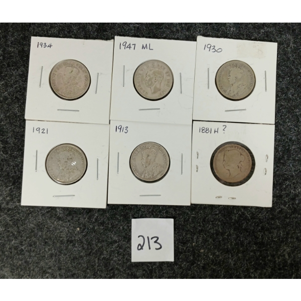 LOT OF 6 - CDN SILVER 25 CENT PCS - INCL 1881, 1913, 1921 & 1930, ETC
