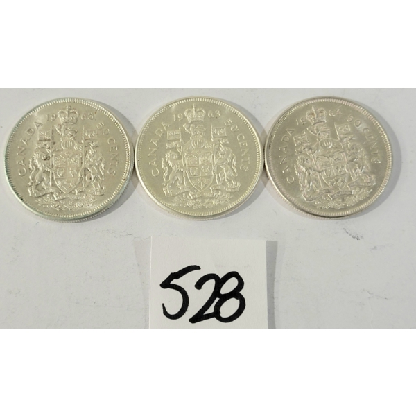 LOT OF 3 - 1963 CDN 50 CENT SILVER COINS