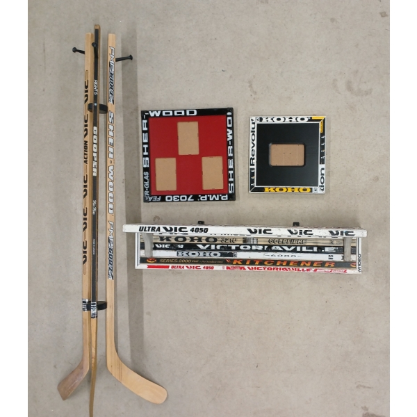 LOT OF 4 - CUSTOM HOCKEY STICK HAT RACK STAND, PICTURE FRAMES, ETC - SEE ALL PICS