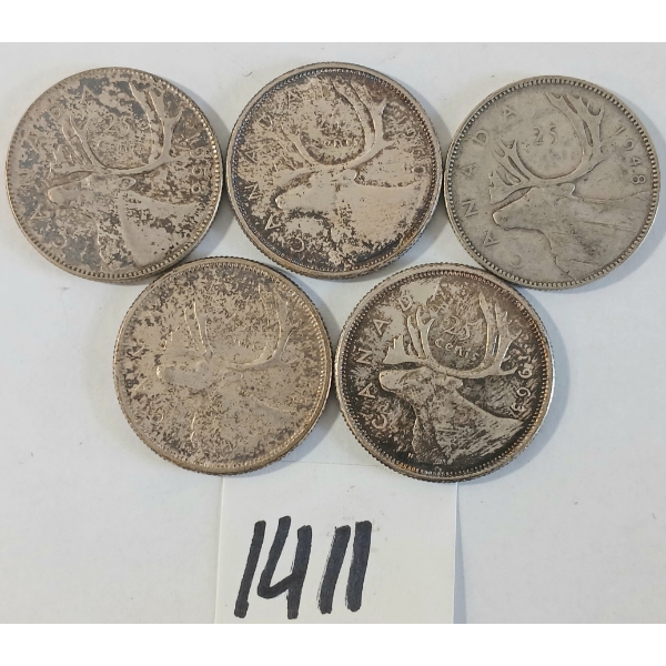 LOT OF 5 - 1948-1963 CDN 25 CENT SILVER COINS