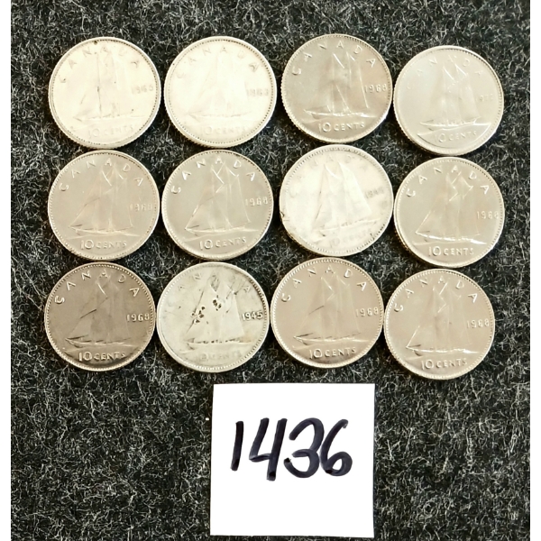 LOT OF 12 - 1945-1972 CDN 10 CENT COINS