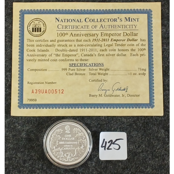 NCM CDN 100TH ANNIVERSARY EMPEROR DOLLAR COIN