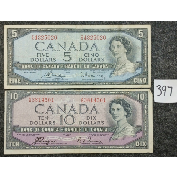 LOT OF 2 - 1954 CDN $5 & $10 BANKNOTES