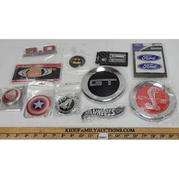 QTY OF CAR DECALS & BADGES - INCL ROUTE 66, MUSTANG, MARVEL, HOTWHEELS, ETC