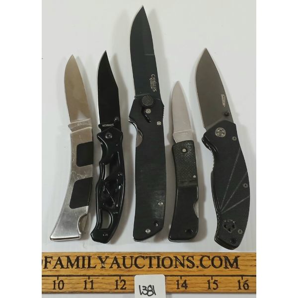 LOT OF 5 - FOLDING KNIVES - INCL GERBER 400, SCHRADE XTB, ETC